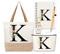 Hestya 5 Pcs Initial Tote Bag Gift Set, Makeup Bag + Shoulder Bags + Keyring + Notebook + Ballpoint Pen, Alphabet Theme Practical Gift for School Birthday Christmas(White,Letter K)