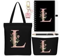 Hestya 5 Pcs Initial Tote Bag Gift Set, Makeup Bag + Shoulder Bags + Keyring + Notebook + Ballpoint Pen, Alphabet Theme Practical Gift for School Birthday Christmas(Black,Letter L)