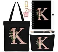 Hestya 5 Pcs Initial Tote Bag Gift Set, Makeup Bag + Shoulder Bags + Keyring + Notebook + Ballpoint Pen, Alphabet Theme Practical Gift for School Birthday Christmas(Black,Letter K)