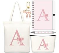 Hestya 5 Pcs Initial Tote Bag Gift Set, Makeup Bag + Shoulder Bags + Keyring + Notebook + Ballpoint Pen, Alphabet Theme Practical Gift for School Birthday Christmas(Beige Pink,Letter A)