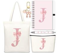 Hestya 5 Pcs Initial Tote Bag Gift Set, Makeup Bag + Shoulder Bags + Keyring + Notebook + Ballpoint Pen, Alphabet Theme Practical Gift for School Birthday Christmas(Beige Pink,Letter J)