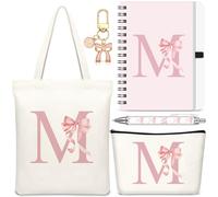 Hestya 5 Pcs Initial Tote Bag Gift Set, Makeup Bag + Shoulder Bags + Keyring + Notebook + Ballpoint Pen, Alphabet Theme Practical Gift for School Birthday Christmas(Beige Pink,Letter M)