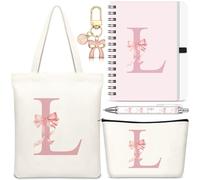 Hestya 5 Pcs Initial Tote Bag Gift Set, Makeup Bag + Shoulder Bags + Keyring + Notebook + Ballpoint Pen, Alphabet Theme Practical Gift for School Birthday Christmas(Beige Pink,Letter L)