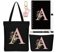 Hestya 5 Pcs Initial Tote Bag Gift Set, Makeup Bag + Shoulder Bags + Keyring + Notebook + Ballpoint Pen, Alphabet Theme Practical Gift for School Birthday Christmas (Black,Letter A)