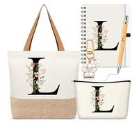 Hestya 5 Pcs Initial Tote Bag Gift Set, Makeup Bag + Shoulder Bags + Keyring + Notebook + Ballpoint Pen, Alphabet Theme Practical Gift for School Birthday Christmas(White,Letter L)