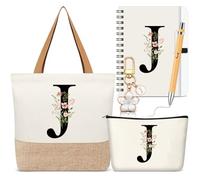 Hestya 5 Pcs Initial Tote Bag Gift Set, Makeup Bag + Shoulder Bags + Keyring + Notebook + Ballpoint Pen, Alphabet Theme Practical Gift for School Birthday Christmas(White,Letter J)