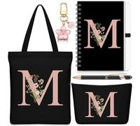 Hestya 5 Pcs Initial Tote Bag Gift Set, Makeup Bag + Shoulder Bags + Keyring + Notebook + Ballpoint Pen, Alphabet Theme Practical Gift for School Birthday Christmas(Black,Letter M)