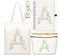 Hestya 5 Pcs Initial Tote Bag Gift Set, Makeup Bag + Shoulder Bags + Keyring + Notebook + Ballpoint Pen, Alphabet Theme Practical Gift for School Birthday Christmas(Beige,Letter A)