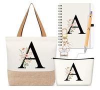 Hestya 5 Pcs Initial Tote Bag Gift Set, Makeup Bag + Shoulder Bags + Keyring + Notebook + Ballpoint Pen, Alphabet Theme Practical Gift for School Birthday Christmas(White,Letter A)