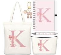 Hestya 5 Pcs Initial Tote Bag Gift Set, Makeup Bag + Shoulder Bags + Keyring + Notebook + Ballpoint Pen, Alphabet Theme Practical Gift for School Birthday Christmas(Beige Pink,Letter K)