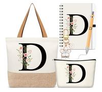 Hestya 5 Pcs Initial Tote Bag Gift Set, Makeup Bag + Shoulder Bags + Keyring + Notebook + Ballpoint Pen, Alphabet Theme Practical Gift for School Birthday Christmas(White,Letter D)