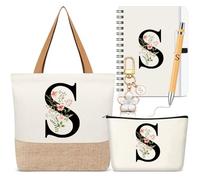Hestya 5 Pcs Initial Tote Bag Gift Set, Makeup Bag + Shoulder Bags + Keyring + Notebook + Ballpoint Pen, Alphabet Theme Practical Gift for School Birthday Christmas(White,Letter S)