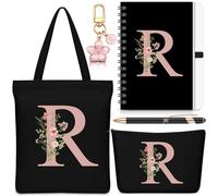 Hestya 5 Pcs Initial Tote Bag Gift Set, Makeup Bag + Shoulder Bags + Keyring + Notebook + Ballpoint Pen, Alphabet Theme Practical Gift for School Birthday Christmas(Black,Letter R)