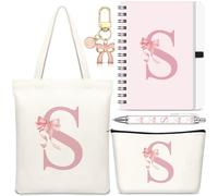 Hestya 5 Pcs Initial Tote Bag Gift Set, Makeup Bag + Shoulder Bags + Keyring + Notebook + Ballpoint Pen, Alphabet Theme Practical Gift for School Birthday Christmas(Beige Pink,Letter S)