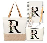 Hestya 5 Pcs Initial Tote Bag Gift Set, Makeup Bag + Shoulder Bags + Keyring + Notebook + Ballpoint Pen, Alphabet Theme Practical Gift for School Birthday Christmas(White,Letter R)