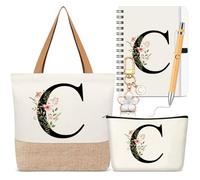 Hestya 5 Pcs Initial Tote Bag Gift Set, Makeup Bag + Shoulder Bags + Keyring + Notebook + Ballpoint Pen, Alphabet Theme Practical Gift for School Birthday Christmas(White,Letter C)