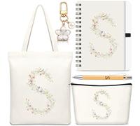 Hestya 5 Pcs Initial Tote Bag Gift Set, Makeup Bag + Shoulder Bags + Keyring + Notebook + Ballpoint Pen, Alphabet Theme Practical Gift for School Birthday Christmas(Beige,Letter S)