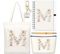 Hestya 5 Pcs Initial Tote Bag Gift Set, Makeup Bag + Shoulder Bags + Keyring + Notebook + Ballpoint Pen, Alphabet Theme Practical Gift for School Birthday Christmas(Beige,Letter M)
