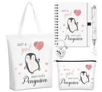 Hestya 5 Pcs Penguin Gifts Set for Women Include Keychain Canvas Tote Bag Animal Lover Zipper Makeup Bag Notebook Pen for Women Penguin Party Favors Birthday Gift for Christmas