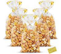 HESTYA 50 Counts 5 x 11 Inches Christmas Flat Clear Cellophane Treat Bags Block Bottom Patterned Storage Bags Twist Ties for Xmas Party Favor, Gold Five Pointed Star