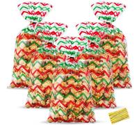 HESTYA 50 Counts 5 x 11 Inches Christmas Flat Clear Cellophane Treat Bags Block Bottom Patterned Storage Bags Twist Ties for Xmas Party Favor (Red, Green,Wave)