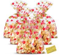 HESTYA 50 Counts 5 x 11 Inches Christmas Flat Clear Cellophane Treat Bags Block Bottom Patterned Storage Bags Twist Ties for Xmas Party Favor, Red and Gold Dots