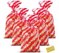 HESTYA 50 Counts 5 x 11 Inches Christmas Flat Clear Cellophane Treat Bags Block Bottom Patterned Storage Bags Twist Ties for Xmas Party Favor(Red, White,Twill)