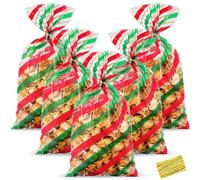 HESTYA 50 Counts 5 x 11 Inches Christmas Flat Clear Cellophane Treat Bags Block Bottom Patterned Storage Bags Twist Ties for Xmas Party Favor(Red, Green, Gold,Twill)