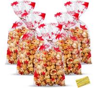 HESTYA 50 Counts 5 x 11 Inches Christmas Flat Clear Cellophane Treat Bags Block Bottom Patterned Storage Bags Twist Ties for Xmas Party Favor(Red Five Pointed Star)