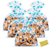 HESTYA 50 Counts 5 x 11 Inches Christmas Flat Clear Cellophane Treat Bags Block Bottom Patterned Storage Bags Twist Ties for Xmas Party Favor, Blue and White Dots