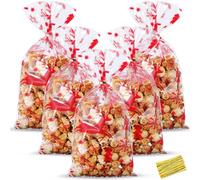 HESTYA 50 Counts 5 x 11 Inches Christmas Flat Clear Cellophane Treat Bags Block Bottom Patterned Storage Bags Twist Ties for Xmas Party Favor(Red,Elk)