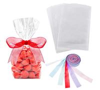 Hestya 50 Counts 6 x 10 Inches Clear Flat Cello Cellophane Treat Bags with Christmas Organza Ribbon Cellophane Block Bottom Storage Bags Sweet Party Gift Home Bags with Colorful Bag Ties
