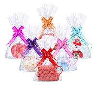 Hestya 50 Pack 6 x 10 Inch Cellophane Bags with 60 Colorful Pull Bows, Sweet Cookie Bags Flat Bottom Clear Bag for Christmas Gifts Packaging