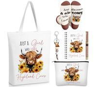 Hestya 6 Pcs Highland Cow Lover Presents Set for Women Include Just a Girl Who Loves Highland Cows Makeup Bag, Canvas Bag, Notebook and Pen, Keychain, Socks for Coworker Teacher Sister Friends