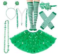 Hestya 7 Pcs St. Patrick's Day Costume Accessories Set Clover Tutu Skirt Striped Knee High Socks Green Arm Sleeve Shamrock Headband Party Eyeglasses Suspender Beaded Necklace for Adult Parade Dress Up