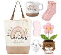 Hestya 7 Pcs Teacher Appreciation Gift Set Thank You Teacher Gift Tote Bag Coffee Mug Flower Pot Knitted Doll Keychain Coral Velvet Socks Sleep Mask for Teachers Nursery Graduation Teaching Assistant