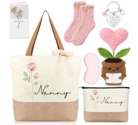 Hestya 8 Pcs Nanny Gifts Keyring, Bag, Socks, Eye Mask with Card & Ribbon | Handmade Crochet Cute Heart Flower, Present for Nanny from Grandchildren for Birthday, Christmas, Thanksgiving, Mother's Day