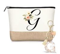 Hestya Personalized Initial Letter Jute Makeup Bag with Keychain Small Travel Cosmetic Bag Letter Makeup Pouch for Women Wedding, Birthday, Beach, Sister, Mom, Teachers, Nurses(G)