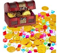 Hestya Pirate Treasure Chest Toy with 50 Plastic Gold Coins and 50 Fake Gems, Pirate Gems Toys Antique Treasure Box with Lock Fake Gemstones for Christmas Party Favors Hunt Game (Classic)