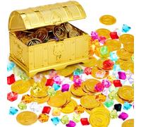 Hestya Pirate Treasure Chest Toy with 50 Plastic Gold Coins and 50 Fake Gems, Pirate Gems Toys Antique Treasure Box with Lock Fake Gemstones for Birthday Party Favors Mardi Gras Hunt Game(Novel)