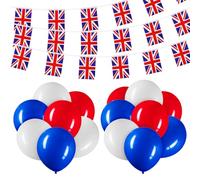 Hestya Union Jack Bunting Flags Set 8m 26ft Long with 25 UK Flags British Banners and 15 Pcs White Red and Blue Balloons King Coronation Decoration Patriotic Themed Bunting Party Supplies