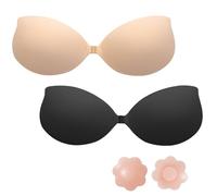 HESUSLA Push Up Bra for Women,2 Pack Invisible Adhesive Strapless Backless Bra,Skin Friendly Sticky Silicone Padded for Everyday Wearing,Party,Wedding,Nipplecovers (UK, Cup & Band, D, Beige+Black)