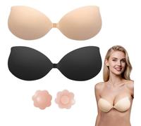 HESUSLA Push Up Sticky Bra for Women,2 Pack Invisible Adhesive Strapless Backless Bra,Super Sticky Silicone Bra with Deep V Cleavage,Breathable & Reusable Stick on Bra for Wedding Party Evening（E）