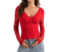 HESUUIO Women's Long Sleeve Tops Sexy V Neck Backless Tie Knot Going Out Tops Fall Trendy Slim Fit Shirts, Red, XL