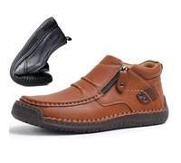 HESYSUAN Driving Boots Men, Men’s Handmade Premium Leather Slip-On Driving Boots,Wide Toe,Arch Support Waterproof Non-Slip Side Zipper Mid Top Loafers (Light Brown,44 EU)