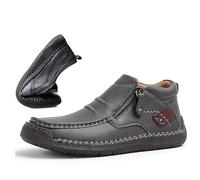 HESYSUAN Driving Boots Men, Men’s Handmade Premium Leather Slip-On Driving Boots,Wide Toe,Arch Support Waterproof Non-Slip Side Zipper Mid Top Loafers (Grey,47 EU)