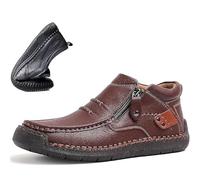 HESYSUAN Driving Boots Men, Men’s Handmade Premium Leather Slip-On Driving Boots,Wide Toe,Arch Support Waterproof Non-Slip Side Zipper Mid Top Loafers (Brown,44 EU)