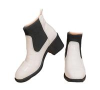 HESYSUAN Women's Chunky High Heel Chelsea Ankle Boots, Patent Leather Slip-on British White Boot Waterproof Comfortable Mid-heel Booties (white,37EU)