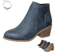 HESYSUAN Women's Chunky Mid-Heel Slip-On Leather Orthopaedic Ankle Boots, Fall Winter Pointed Toe Stacked Mid Heel Side Zipper Breathable Barrel Hollow Booties Lightweight Chelsea Boots (Blue,42 EU)