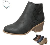 HESYSUAN Women's Chunky Mid-Heel Slip-On Leather Orthopaedic Ankle Boots, Fall Winter Pointed Toe Stacked Mid Heel Side Zipper Breathable Barrel Hollow Booties Lightweight Chelsea Boots (Black,42 EU)